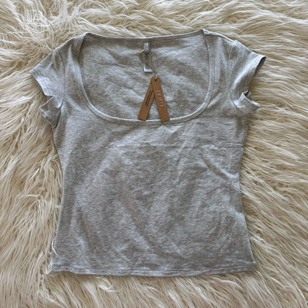 Skims Cotton Jersey Scoop Neck T-Shirt Light Heather Grey Size Small